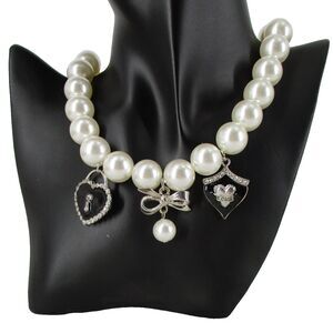 Express 18" Enamel Hearts Bows Chunky Faux Pearls Necklace Rhinestones Silver